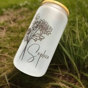 PERSONALISED BIRTH MONTH FLORAL NAME GLASS TUMBLER