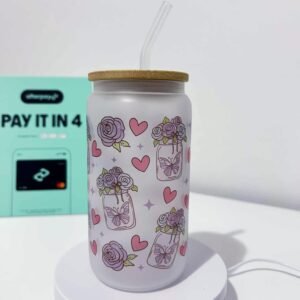 Purple Butterfly and Rose printed Glass cup