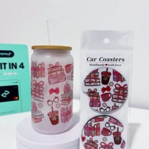 Bookish Girly Glass cup and Car Coaster Duo Set