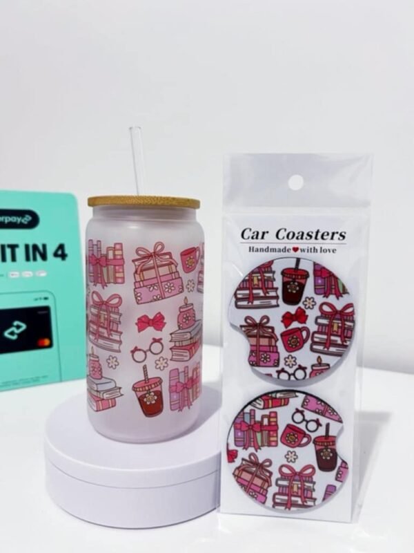 Bookish Girly Glass cup and Car Coaster Duo Set
