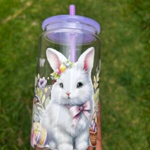 Easter Bunnies 16oz Libby Glass, bunny and butterflies theme.
